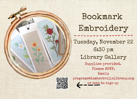 Bookmark Embroidery Tuesday, November 22 6:30-8:30 pm in Library Gallery
