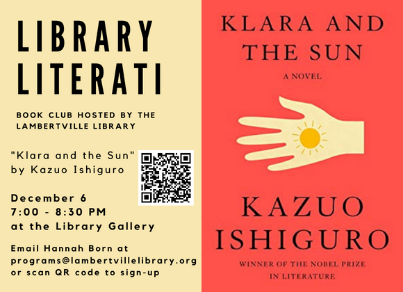 Literati Library Book Club, Klara and the Sun, December 6, 7:00-8:30 pm, Library Gallery